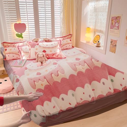 "MorroMorn Fleece Queen Fitted Sheet Only, Super Soft Plush Bottom Sheet with 20"" Deep Pocket, Pink Kawaii Cute for Girls Kids Teen Fall Winter Spring, No Pillowcases (Cream Cake, Queen)"
