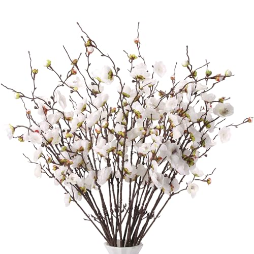 "GrainBuds 20pcs White Cherry Blossom Branches Artificial Flowers for Autumn Winte Indoor Decoration, 22"" Plum Fake Peach Plants for Wedding Home Office Bedroom Party Decor (White, 22in)"