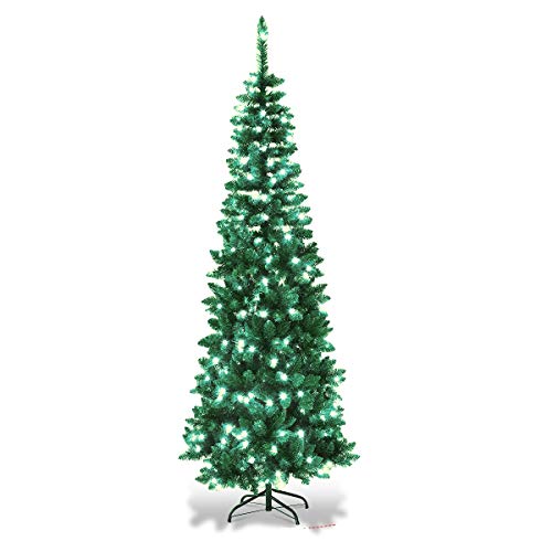 4Ft/1.2m Pre-Lit Artificial Slim Christmas Tree Green Pencil Tree, Pointed Tips, Metal Stand Cool White LEDs Lights Holiday Home Decorations