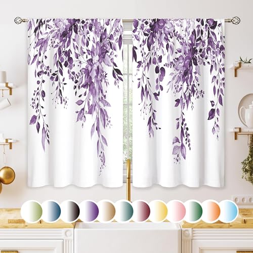 oolygoo Eucalyptus Botanical Leaves Purple Floral Kitchen Window Curtains Over Sink Farmhouse Flower Leaf Small Window Treatment Cafe Short Curtains for Bathroom Treatment Tier Drapes 27.5x39 inch