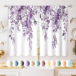 oolygoo Eucalyptus Botanical Leaves Purple Floral Kitchen Window Curtains Over Sink Farmhouse Flower Leaf Small Window Treatment Cafe Short Curtains for Bathroom Treatment Tier Drapes 27.5x39 inch