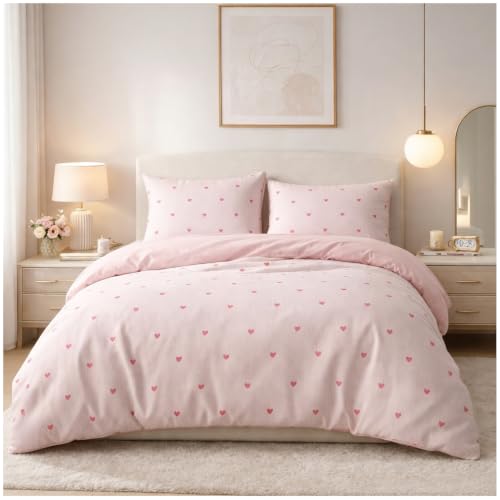 GC GAVENO CAVAILIA Hearts Duvet Cover Double With Pillow Cases, Pink - Super Soft Breathable, Washable Double Duvet Cover Set- 3 Piece Bedding Set Reversible Quilt Cover Button Closure, 200x200cm