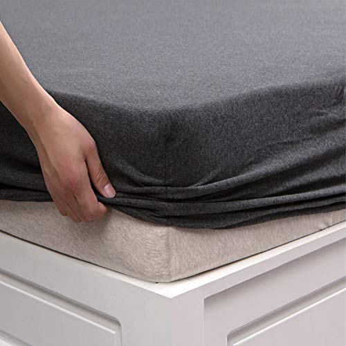 "PURE ERA Jersey Knit Cotton Fitted Bottom Sheet ONLY (No Flat Sheet or Shams) Deep Pocket Up to 15"" to 20"" Ultra Soft Comfy Breathable Charcoal Grey Queen"