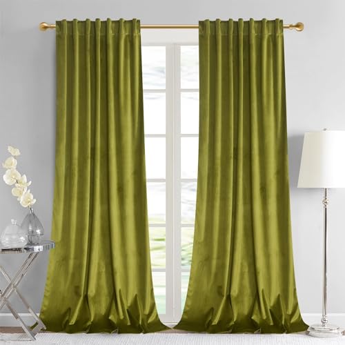 gisewood Olive Green Velvet Curtains 96 inches Thermal Insulated Window Drapes for Living Room, Back Tab Luxury Home Decor Curtains for Bedroom Sliding Door, W52 x L96, 2 Panels