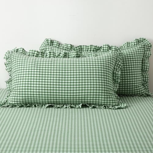 "K MASANIJI 2 Pack Christmas Green White Plaid Ruffle Gingham King Size Pillow Shams, 100% Washed Cotton Checkered Farmhouse Decorative Pillow Covers for Bed/Sofa - 20""x36"""
