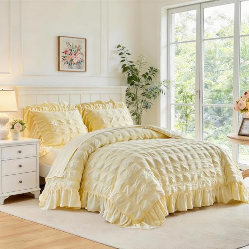 Flysheep Yellow Plaid Seersucker Comforter Set with Ruffled Fringe Twin Size, 3 Pieces Lightweight Soft Fluffy Farmhouse Bedding Set for All Season, Elegant Bed Set with Ruffle Shams (Yellow, Twin)