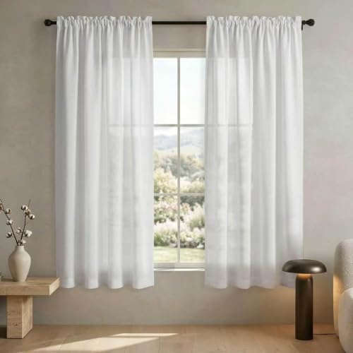 Solid White Curtains 54 Inch Length for Bedroom Rod Pocket Set of 2 Panels Flax Linen Textured Organic Look Light Diffusing Airy Bright Curtains for Kitchen Closet Doors Bathroom Exercise Room Studio