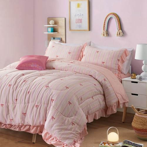 A Nice Night Rainbow Stripes & Bows Bedding Set,Ruffle 6 Piece Bed in a Bag Matching Sheet Set,Princess Style Chic Bow Printed,Light Pink Room Decor for Girls,Full