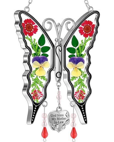 KY&BOSAM Gifts for Mom Suncatcher Butterfly God Bless My Mother-in-Law Gifts Mothers Day Stained Glass Sun Catcher Hanging Wind Chime Ornament for Window Gift for Women Valentine`s Birthday Christmas