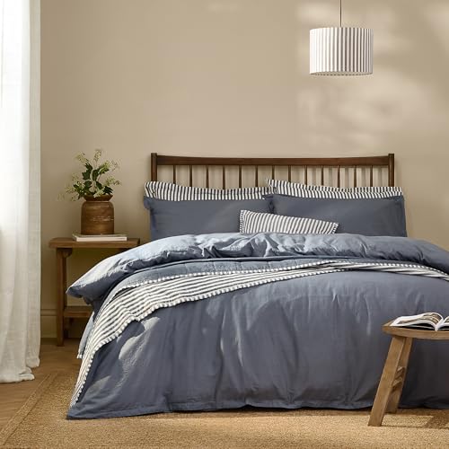 Yard furn Hebden Washed Cotton Duvet Cover Set – Soft Relaxed Percale Minimalist Bedding Set (Denim Blue – Double)