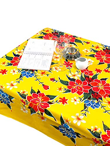 First Choice Vinyls Alux - Waterproof Oilcloth Table Cloth - Wipeable Tablecloths for Picnic - Non-Fading Plastic Table Cover with Better Than Flannel Backing - Hibiscus Yellow (55x70in Rectangle)