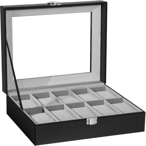 Uten Watch Box 10 Slots, Watch Case with Glass Lid, Watch Display Storage Box for Men and Women, Removable Watch Pillows, Metal Clasp, Black Synthetic Leather, Grey Velvet Lining, Gift Idea
