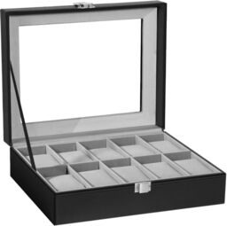Uten Watch Box 10 Slots, Watch Case with Glass Lid, Watch Display Storage Box for Men and Women, Removable Watch Pillows, Metal Clasp, Black Synthetic Leather, Grey Velvet Lining, Gift Idea