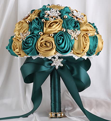 "Sharebeauty 5.9"" Mini Bridal Bouquet Handmade Satin Rose Round Wedding Bouquet Throw Toss Artificial Flower Bunch Dark Green + Pale Gold"