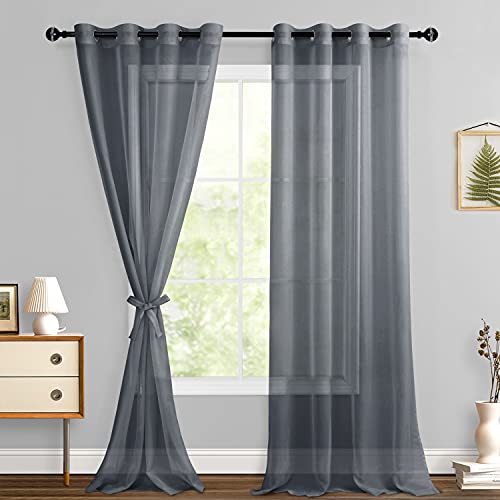 Hiasan Sheer Curtains 96 Inches Long with Tiebacks, Light Filtering Breathable Voile Drape Lightweight Grommet Window Curtains for Bedroom, Patio Door, Living Room, Dark Grey, W52 x L96, 2 Panels