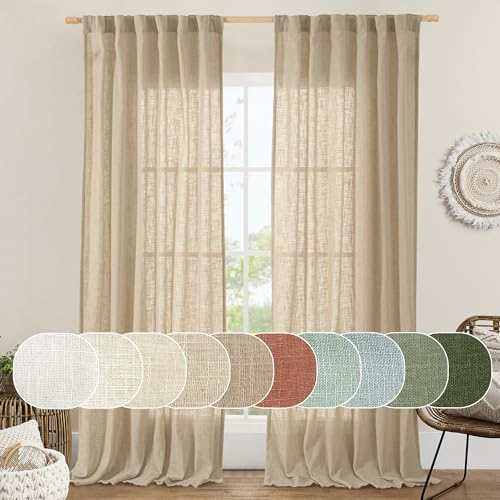 LAMIT Living Room Linen Curtains 95 Inch for Bedroom, Back Tab and Rod Pocket Linen Textured Sheer Curtains Light Filtering Burlap Drapes for Farmhouse, 2 Panels, 52 x 95 Inch, Brown