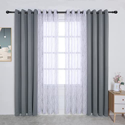 BONZER 4 Panels Set Mix and Match Curtains for Bedroom Living Room - 2 Pieces Branch Print Sheer Curtains & 2 Pieces Blackout Curtains Thermal Grommet Window Drapes, 54x63 Inch, Light Grey