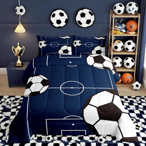 jejeloiu Football Comforter Set Toddler Kids Soccer Ball Pattern Comforter for Boys Girls Teens Sports Theme Bedding Set Breathable Football Court Duvet Set Room Decor Quilt Set