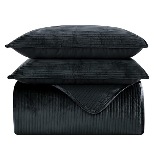 Elegant Comfort Luxury 3-Piece Velvet Corduroy Stripe Quilt Set, Ultra Soft Bedspread - Cozy Velvet Coverlet Set - 3PC Medium Weight Quilted Set with Matching Pillow Shams, Full, Black