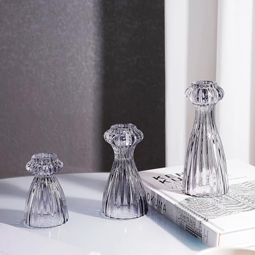Lysenn Glass Candle Stick Holder Set of 3 ??? Premium Taper Candle Holders for Romantic Ambiance - Candle Sticks Holder Decor for Special Occasions - Smoke Gray