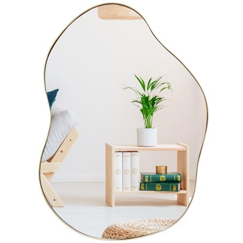FANTASK Asymmetric Wall Mirror, Irregular Hanging Mirror with Gold Frame, Modern Makeup Mirror Decorative for Hallway, Bathroom, Bedroom, 78 x 56 cm, Golden