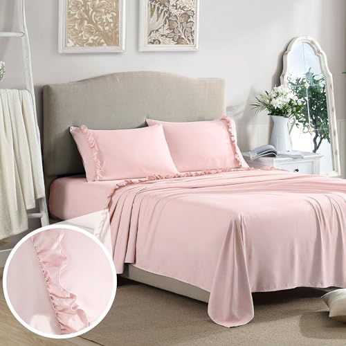 "Hudson & Main Ultra-Soft Elegant 2"" Ruffled Hem Design on Flat Sheet and Pillowcases. Wrinkle Resistant, Fade Resistant, Deep Pocket, Double Brushed 4-piece Microfiber Sheet Set - Full, Rose Blush"