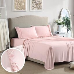 "Hudson & Main Ultra-Soft Elegant 2"" Ruffled Hem Design on Flat Sheet and Pillowcases. Wrinkle Resistant, Fade Resistant, Deep Pocket, Double Brushed 4-piece Microfiber Sheet Set - Full, Rose Blush"