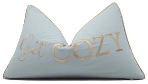 YugTex Get Cozy Quote Embroidered 12x20 Lumbar Throw Pillow Cover - Blue Grey Oblong Cushion Cover for Sofa Couch Bedroom - Farmhouse Hygge Fall Winter Decor