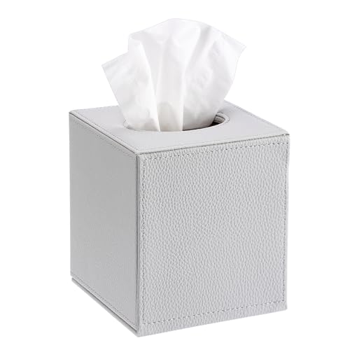 Sumnacon Tissue Box Cover Square Tissue Box Stylish PU Tissue Box Holder with Magnetic Bottom, Leather Cube Tissue Cover for Living Room Bathroom Bedroom Table Desk Home Office Car, Light Grey