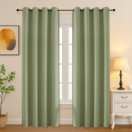 Simplebrand Sage Green Room Darkening Curtains for Bedroom Living Room 84 Inch Length 2 Panels Set, Thermal Insulated Curtains & Drapes, Solid Grommet Noise Reducing Window Treatment, W50 x L84 Inch