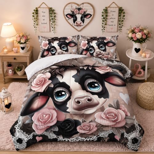 XYNHML Cartoon Milk Cow Comforter 3Pcs Full Black White Cow Bedding Pink Rose Heart Comforter Set for Kid Teen Girl Boy Adult Lace Tie Dye Pattern Quilt Bed Decor with 1 Comforter and 2 Pillowcases