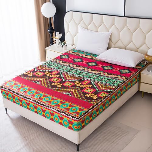 NATURETY Bohemian Style Bedding Fitted Sheet with Deep Pocket,Red Colorful Boho Pattern Printed Fabric Bed Sheets (Multicolor, King)
