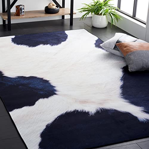 Safavieh Geometric Rug Living Room, Dining Room, Bedroom - Machine Washable and Non Slip - Faux Hide Collection, Short Pile, in Ivory and Dark Blue, 91 X 152 cm