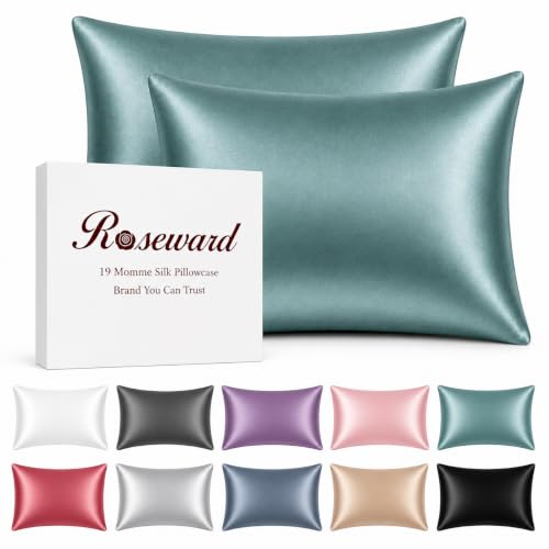 100% Mulberry Silk Pillow Cases with Zipper USA Made-Real Organic Silk Pillowcase for Hair and Skin-19 Momme Pure Silk, Zippered, Anti Wrinkle, Anti Acne (Mineral Blue 2 Pack, Standard 20''x26'')