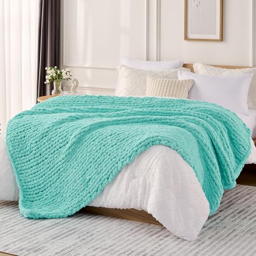 L'AGRATY Chunky Knit Blanket Throw: 60''x80'' Chenille Chunky Knitted Throw Blankets for Bed Couch - Handmade Thick Big Cable Knit Blanket - Large Crochet Rope Blankets for Home Decor(Lake Blue)