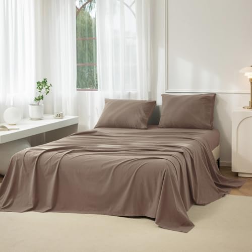 "JIYUAN King Washed Cotton Sheet Set, 4-Piece, Relaxed Linen Feel - Deep Pocket Fits Mattresses up to 17"". Flat Sheet & 2 Pillowcases. Naturally Soft & Breathable. Machine Washable."