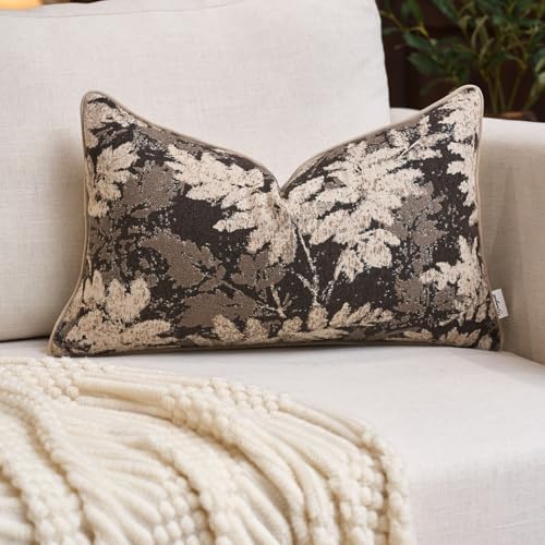 Yangest Neutral Leaf Pillow Cover 12 x 20 Inches, Vintage Chenille Rectangle Throw Pillow Cover Soft Leaves Nature Accent Couch Pillow Cover for Living Room Bedroom, Grey