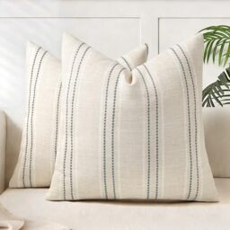 AELS 18x18 Decorative Farmhouse Linen Throw Pillow Covers, Boho Textured Pillow Case, Set of 2, Beige with White & Gray Stitch Yarn Dyed Stripe Cushion Cover for Sofa Couch Living Room (Cover ONLY)