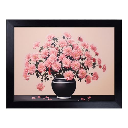 Lap Tray with Bean Bag Cushion, Chrysanthemums Minimalism - Handmade in the UK, Raised Wooden Edge, Padded Cushion, Heat-Resistant Wipe-Clean Surface, for Meals, Laptops and Crafts
