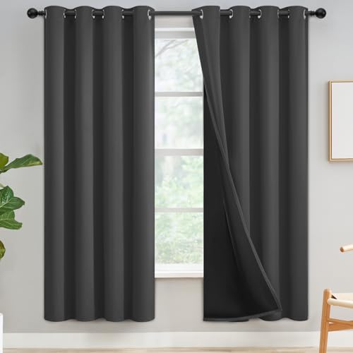 Yakamok 100% Blackout Curtains for Bedroom, Full Light Blocking Drapes with Black Backing, Noise Reducing Thermal Insulated Grommet Panels for Living Room, 52Wx72L,Charcoal Grey, 2 Panels