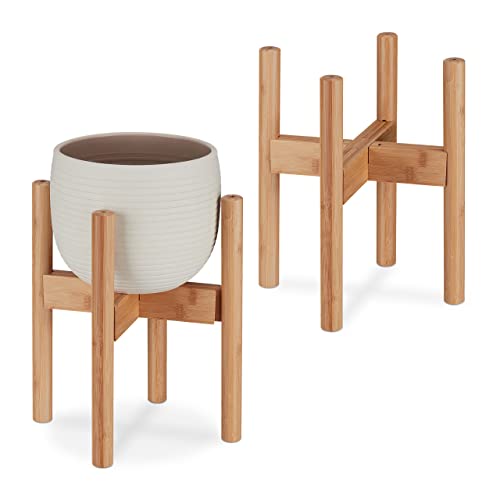 Relaxdays Set of 2 Plant Stand, Bamboo Flower Rack, for Pots up to 32 cm ??, Adjustable & Stackable, Natural