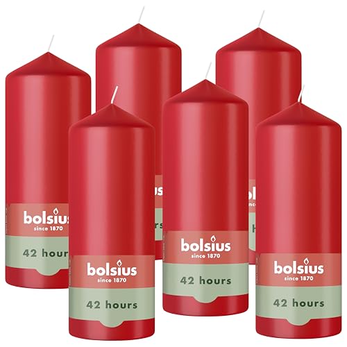 Bolsius - Smooth Pillar Candle - Red - 15 cm - 6 Pieces - Decorative Candles – Contains Natural Plant-Based Wax – Without Palm Oil