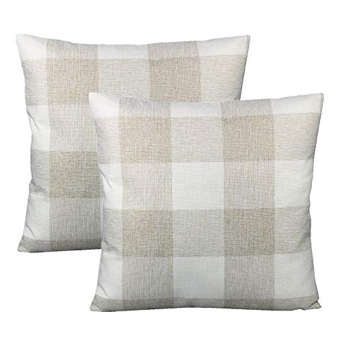 VAKADO 16x16 Set of 2 Farmhouse Buffalo Plaids Decorative Throw Pillow Covers Retro Rustic Checkers Square Cushion Cases Home Decor Outdoor for Sofa Couch Patio, Beige Cream White
