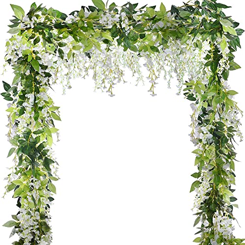5 Pcs-31ft Artificial Silk Wisteria Flowers Hanging Vine Faux Fake Plants Flowers Hanging Vine Artificial Ivy Leaves Garland Ratta Green Leaf Ivy Garland Decor for Kitchen Wedding Home Party(White)