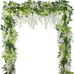 5 Pcs-31ft Artificial Silk Wisteria Flowers Hanging Vine Faux Fake Plants Flowers Hanging Vine Artificial Ivy Leaves Garland Ratta Green Leaf Ivy Garland Decor for Kitchen Wedding Home Party(White)