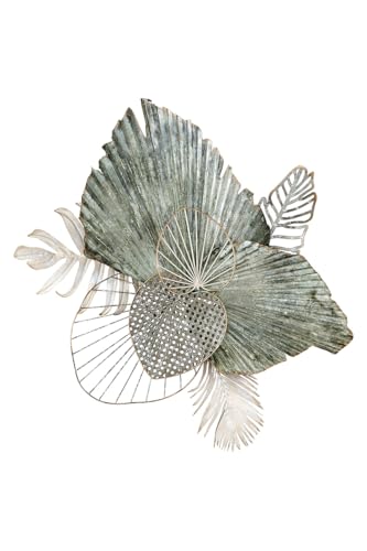 GILDE Decorative Wall Relief Wall Decoration - 3D Metal Leaves - Picture Decoration Living Room - Colours: Green Cream Grey Gold - 65 x 75 cm
