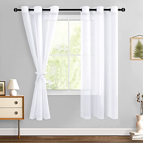 Hiasan White Sheer Curtains with Tiebacks, Light Filtering Semi Transparent Lightweight Voile Grommet Window Curtains for Bedroom, Living Room, W36 x L72, Set of 2 Drape Panels
