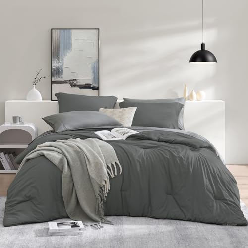 Queen Comforter Set-7 Pieces Soft Prewashed Bed in a Bag Queen Bedding Sets - All Season Comforter with Sheets, Pillow Shams & Pillowcases, Grey