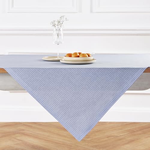 Solino Home 100% Linen Table Cloth, Throw, 52 x 52 in, Blue, Narrow Stripe - a versatile cover for tables and gatherings, woven stripe, European flax fibres, machine washable, soft, OEKO-TEX Certified