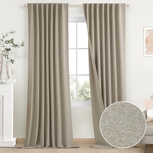 "SimpleHome 100% Blackout Linen Natural Living Room Curtains 52"" W x 96"" L - Farmhouse Back Tab Living Room Curtains,Textured Rod Pocket Bedroom Curtains,2 Panels Room Darkening Curtains,96 Inches Long"